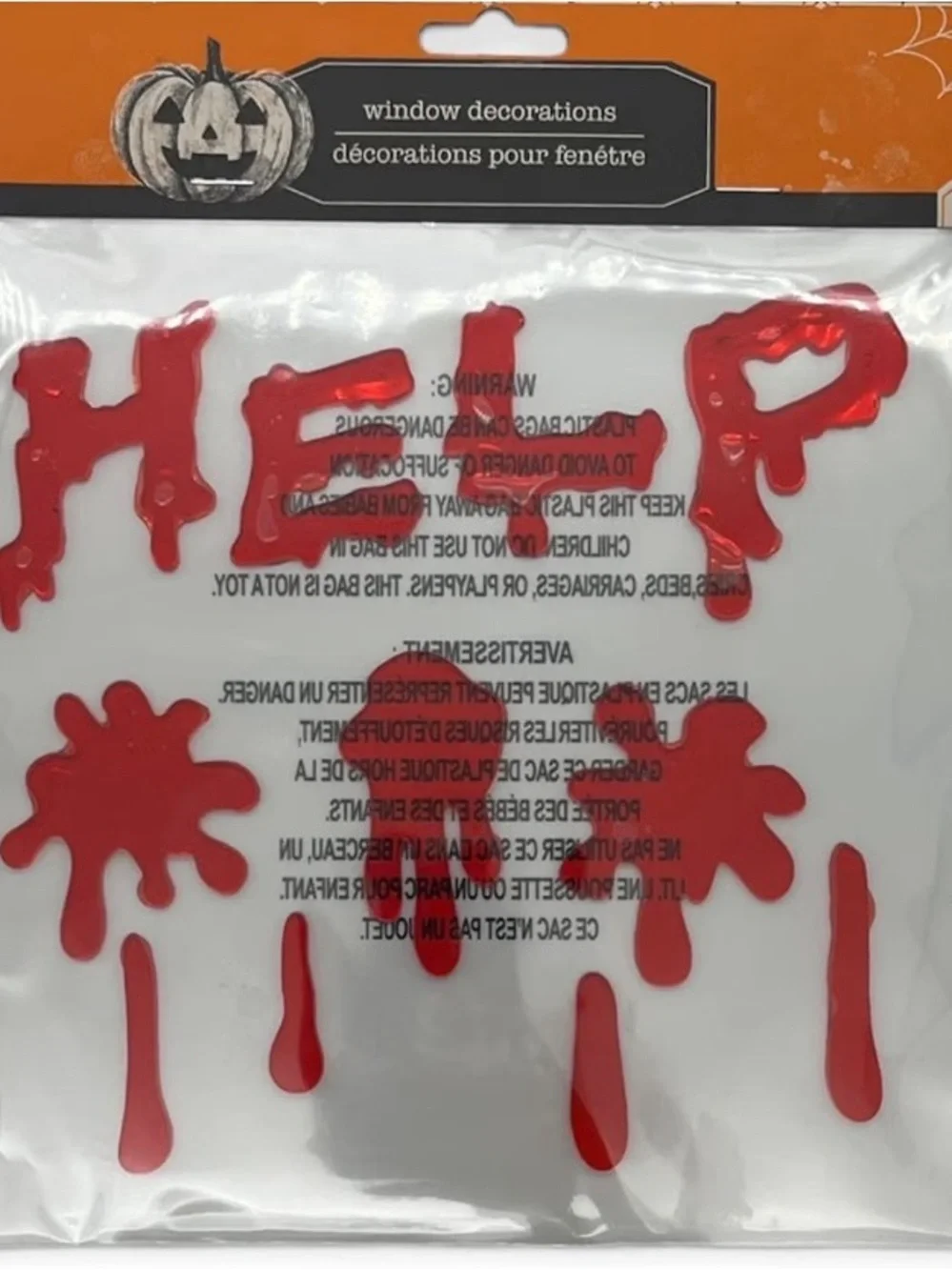 Gel-Window 'HELP' and Blood Splatter Halloween Window Decals - Red